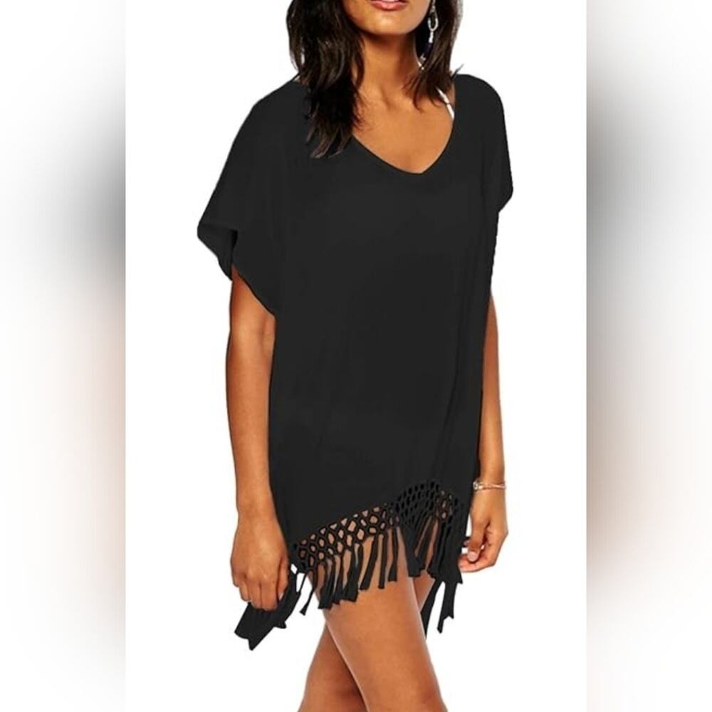 NWT  Dotti Black Swim Cover Up With Braided Fringe Trim sz XL #919